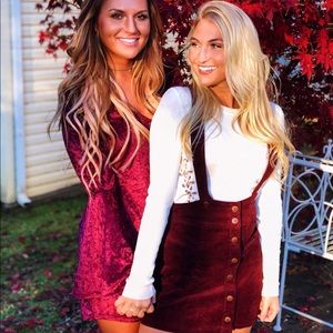 maroon overall skirt dress